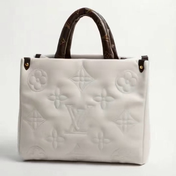 Handbags - Luxury Embossed Tote Bag in White with Brown Handles